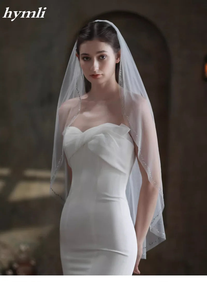 New Style 1 Tier Fingertip length Wedding Veil Tulle Crystal Bridal Veil Cut Edge Pure White 100cm