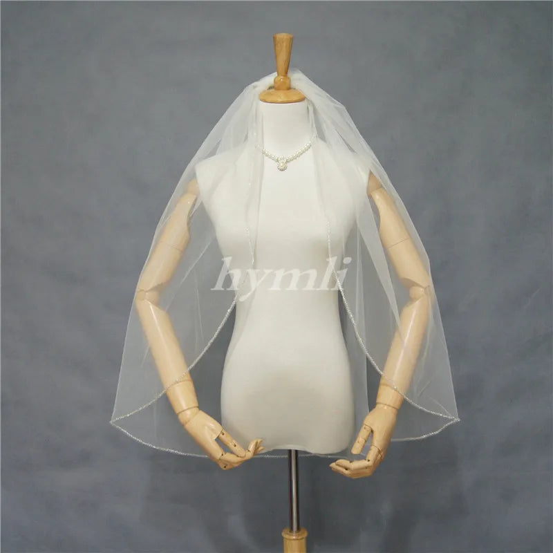 Handmade 1-Layer Beaded Veil in White , Off-White , Champagne with Metal Comb Bridal Headwear