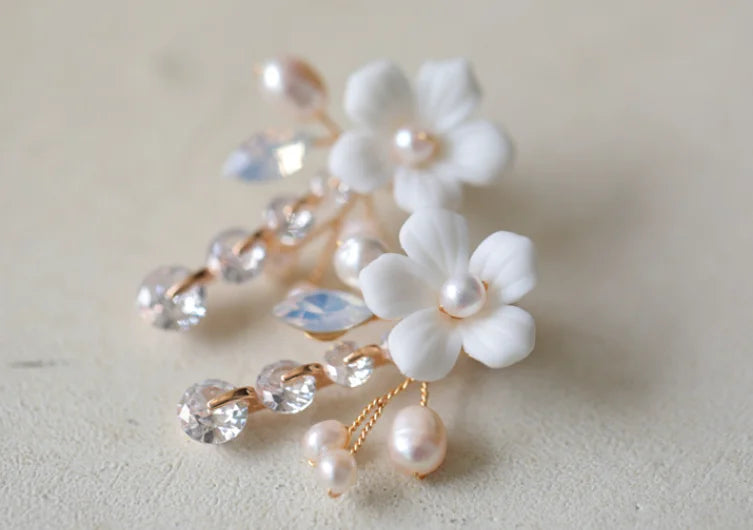 Gold Color Headband Freshwater Pearl Headpiece For Brides Porcelain Flower Hairband Wedding Accessories Bridal Hair Jewelry gold color 1