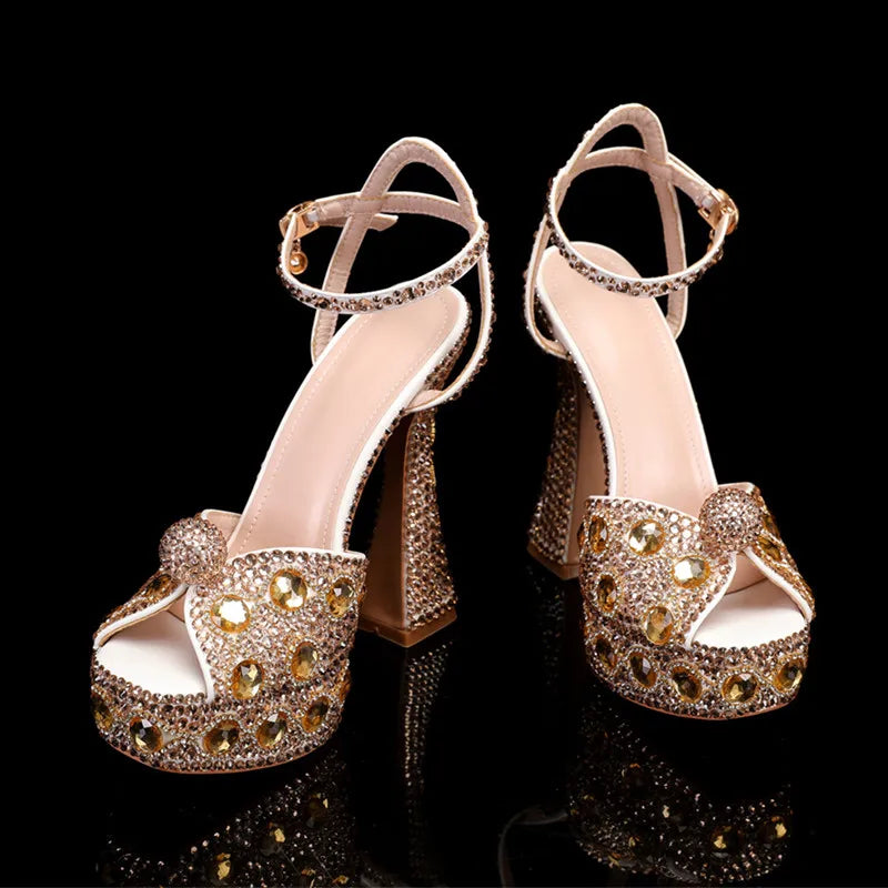 Luxury Colorful Rhinestones Women Gladiator Sandals Sexy Ankle Strap Platform Wedges High heels Fashion Summer Party Prom Shoes