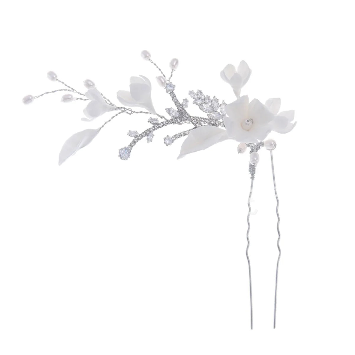 Porcelain Flower Hair Pin Clip Zircon Hairpin Brides Bridesmaids Silver Color Head Pieces Wedding Accessories Bridal Jewelry