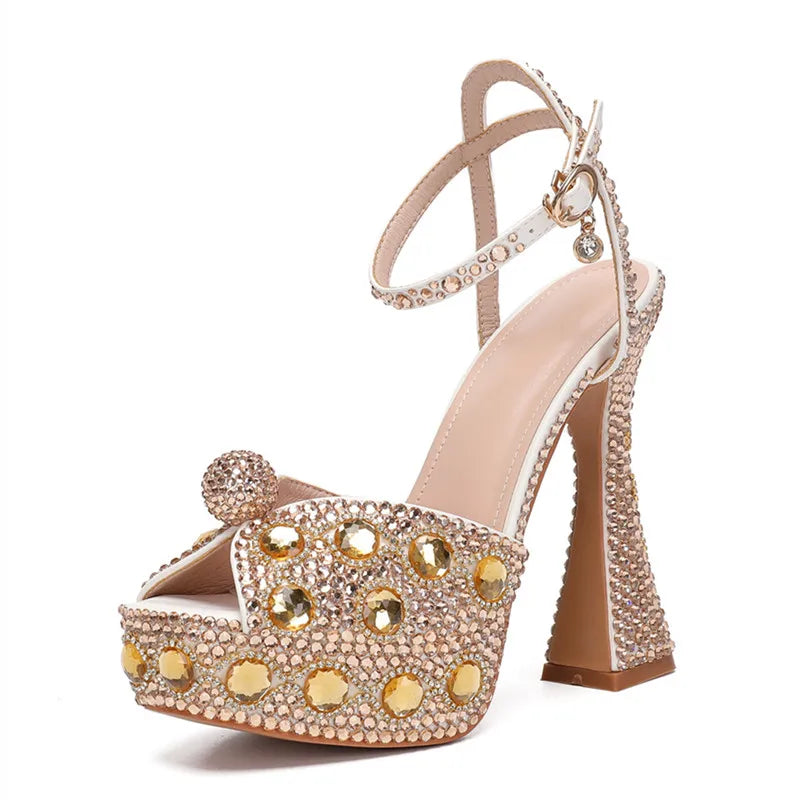 Luxury Colorful Rhinestones Women Gladiator Sandals Sexy Ankle Strap Platform Wedges High heels Fashion Summer Party Prom Shoes Champagne