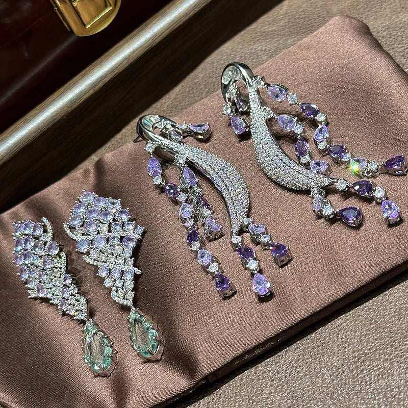 Luxury Purple Zircon Bridal Earrings CZ Cubic Zirconia Wedding Earring For Women Brides Accessories Dinner Party Dress Jewelry