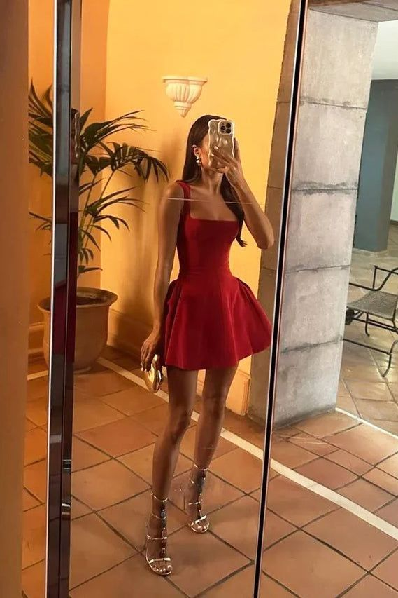 Sexy Burgundy Square Neck Mini Cocktail Dress Short Party Dress Homecoming Dress