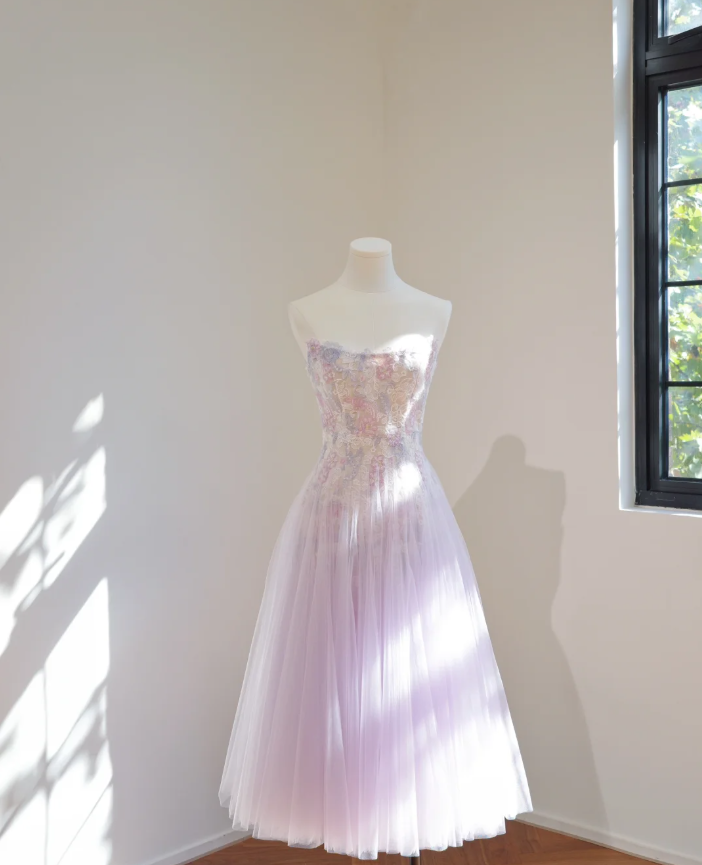Sweet Strapless Lilac Tulle Appliques A Line Short Homecoming Dress Birthday Outfits