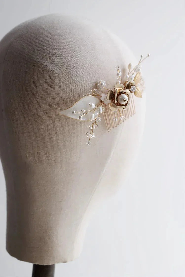 Wedding Accessories Gold Color Hair Comb Pin Pearl Crystal Hairpin Bride Birthday Gift Flower Leaf Head Piece Bridal Jewelry