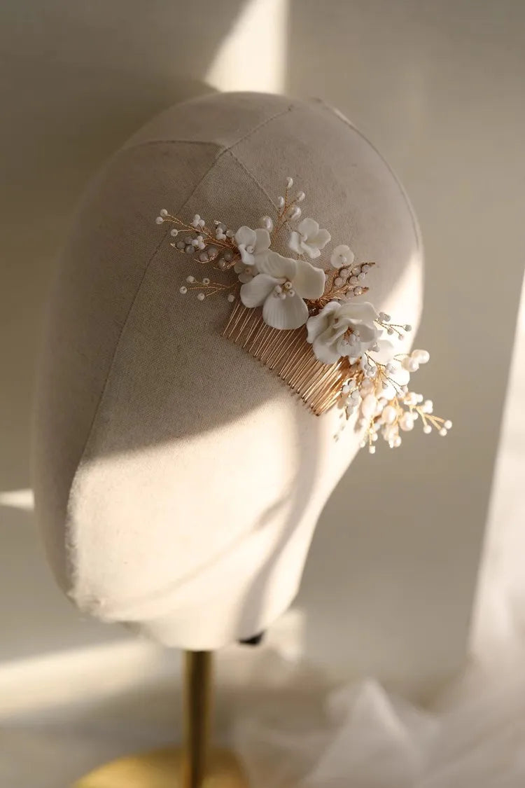 Wedding Accessories Porcelain Flower Hairpin Gold Color Head Piece Pearl Hair Combs Clip For Brides Birthday Gift Bridal Jewelry