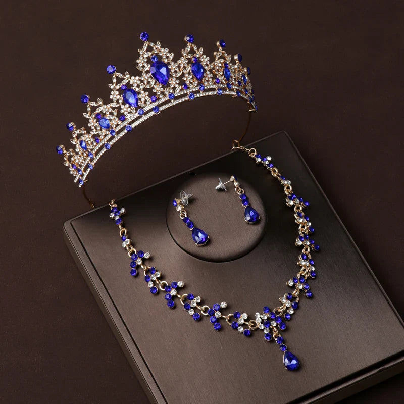 Luxury Silver Color Crystal Water Drop Bridal Jewelry Sets Rhinestone Tiaras Crown Necklace Earrings Wedding Dubai Jewelry Set TS-0003-E-XL-0018-C Tiaras