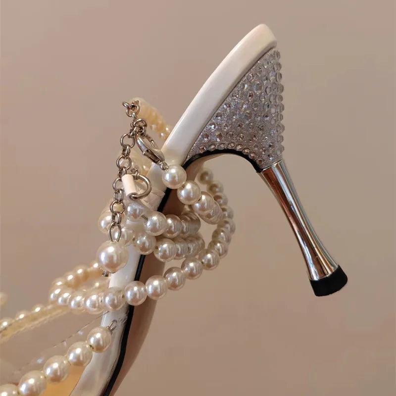 2024 New design Crystal Beads Bowknot Women Sandals Fashion Clear PVC Ankle Strap Gladiator sandals Summer Party Prom Shoes