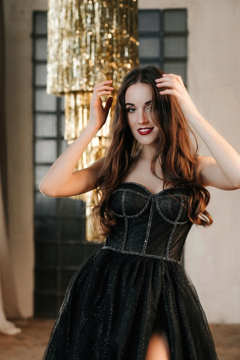 Black tulle sweetheart neck long prom dress, black tulle formal dress