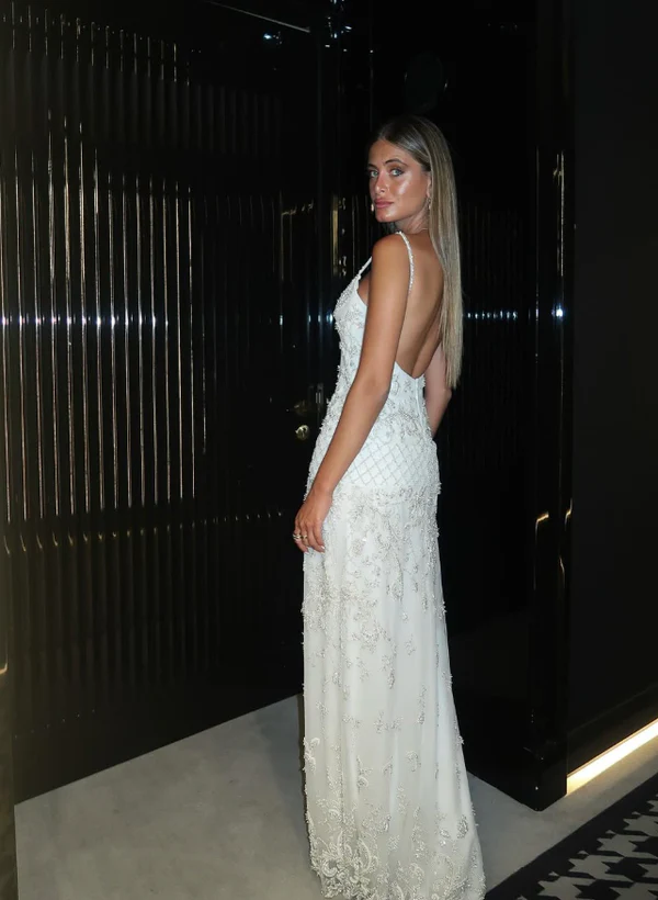Elegant Spaghetti Straps Satin Tulle Beaded Long Party Dress Evening Dress