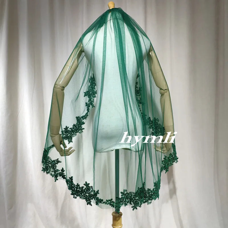 Single-Layer Dark Green Veil Sequin Lace Appliqué & Metal Comb, Personalized Choice – Distinctive Wedding Style