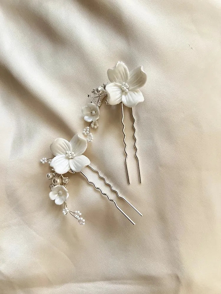 Porcelain Flower Hair Pin Clip Silver Color Head Piece For Brides Bridesmaids Leaf Hairpin Bridal Jewelry Wedding Accessories c