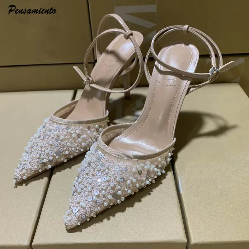 Luxury Pearls Sequined Air Mesh Women Pumps Summer Elegant Pointed toe Slingbacks Thin High heels Fashion Wedding Party Shoes