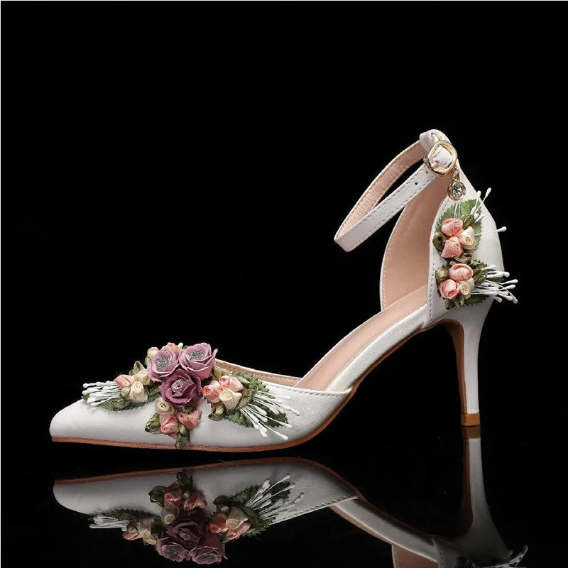 Fashion Flowers Leaf Satin Mary Janes Women Pumps Spring Autumn Elegant Pointed toe Thin High heels Wedding Bridal Shoes White 7cm
