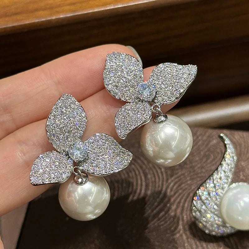 Vintage Pearl Zircon Bridal Earrings Cubic Zirconia Wedding Earring For Bride Women Accessories Party Dinner Dress Jewelry a