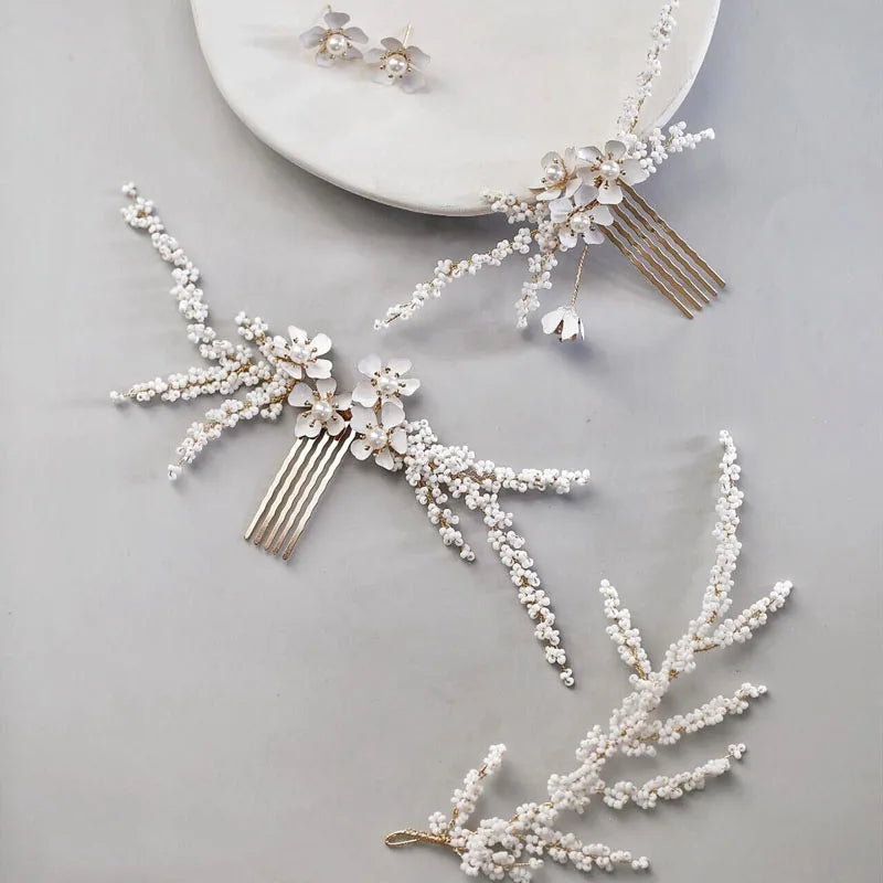 Wedding Accessories Gold Color Hairpins White Flower Head Pieces For Brides Bridesmaids Women Hair Combs Pin Clip Bridal Jewelry