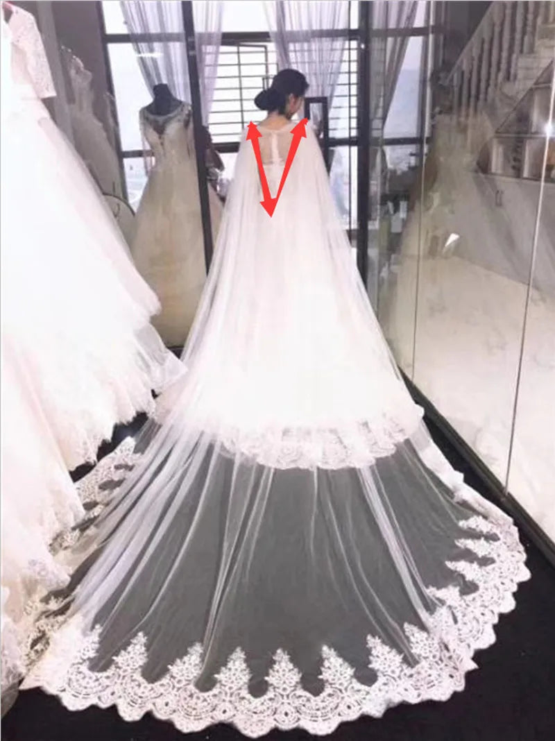 One Layer Lace Bridal Cape Cathedral Shoulder Veil Wedding Cloak " V"  Split in White, Off-White ,Ivory
