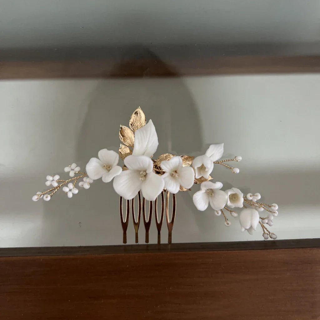 Bridal Jewelry Porcelain Flower Hair Comb Pin Clip Head Pieces Brides Bridemaids Gold Silver Color Hairpins Wedding Accessories gold color b