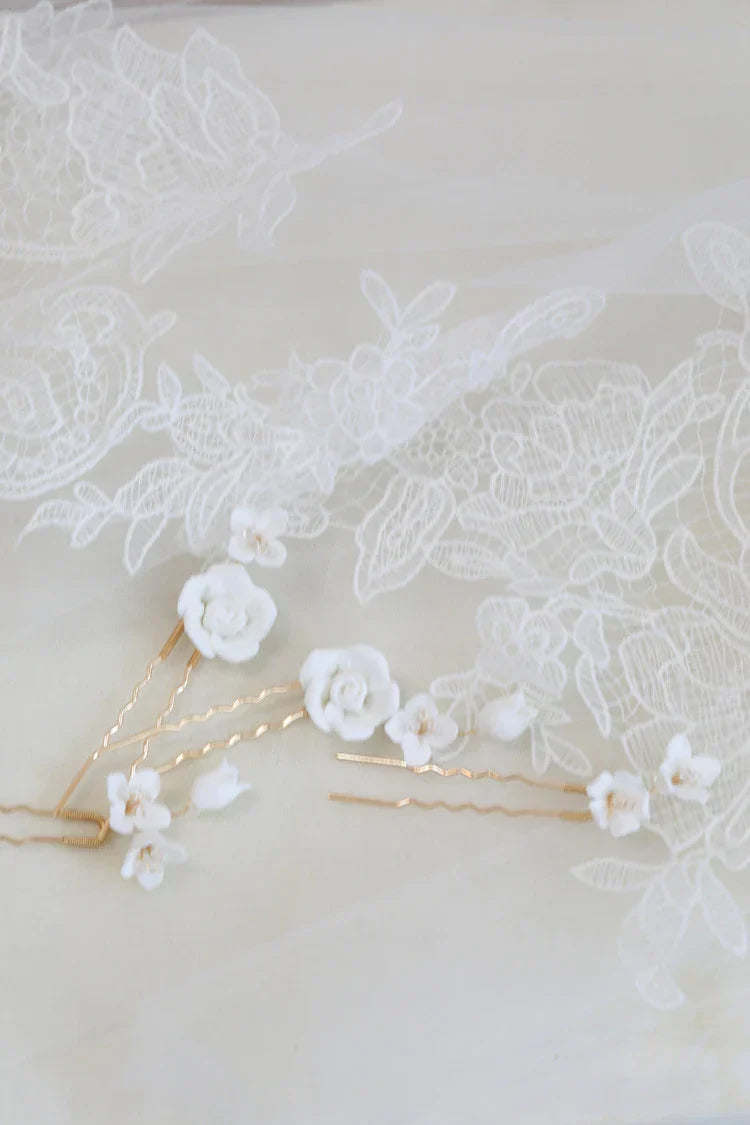 Gold Color Hair Clip Pins Porcelain Rose Flower Hairpins For Brides Bridesmaids Headpieces Bridal Jewelry Wedding Accessories