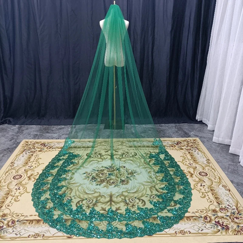 1 Layer Lace with Sequins Wedding Veil 3 Meters Green Cathedral Length Bridal Veil Green