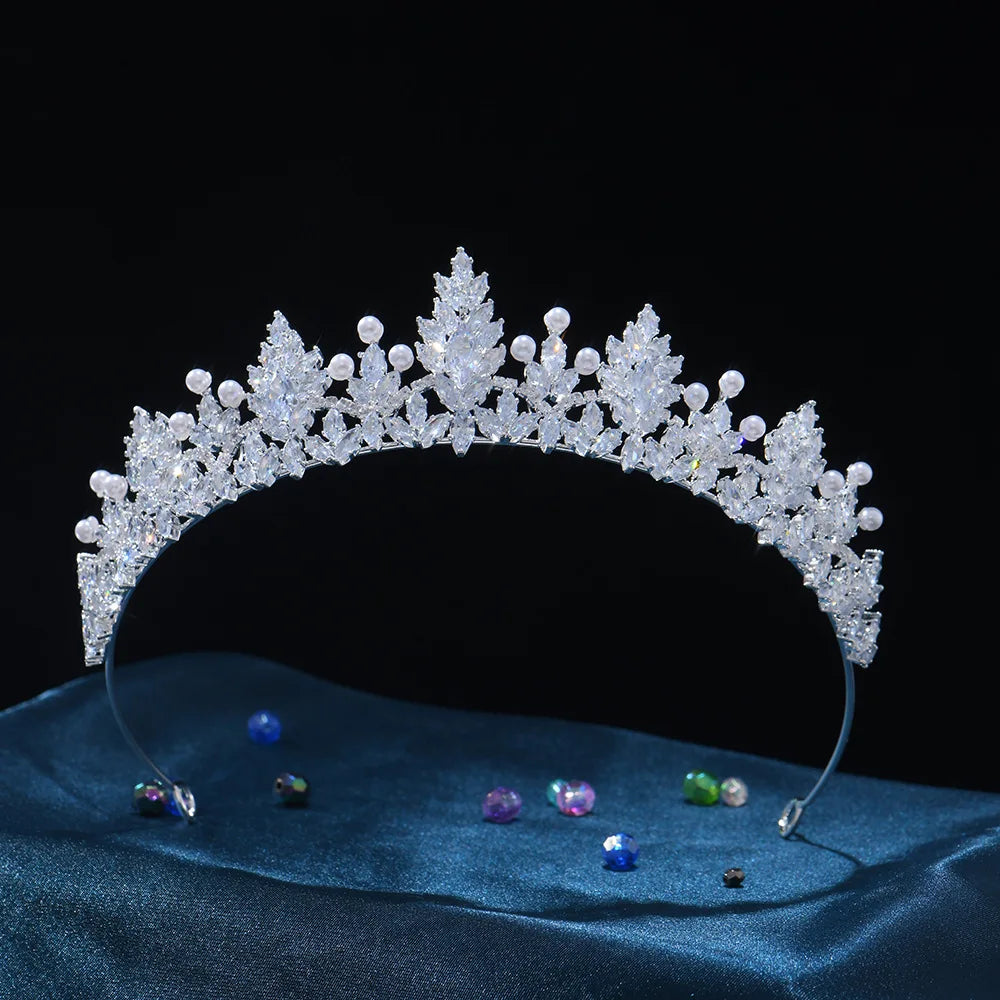 Pearl Cubic Zirconia Tiaras and Crowns CZ Zircon Headband Bride Princess Queen Headpiece Bridal Hair Jewelry Wedding Accessories A