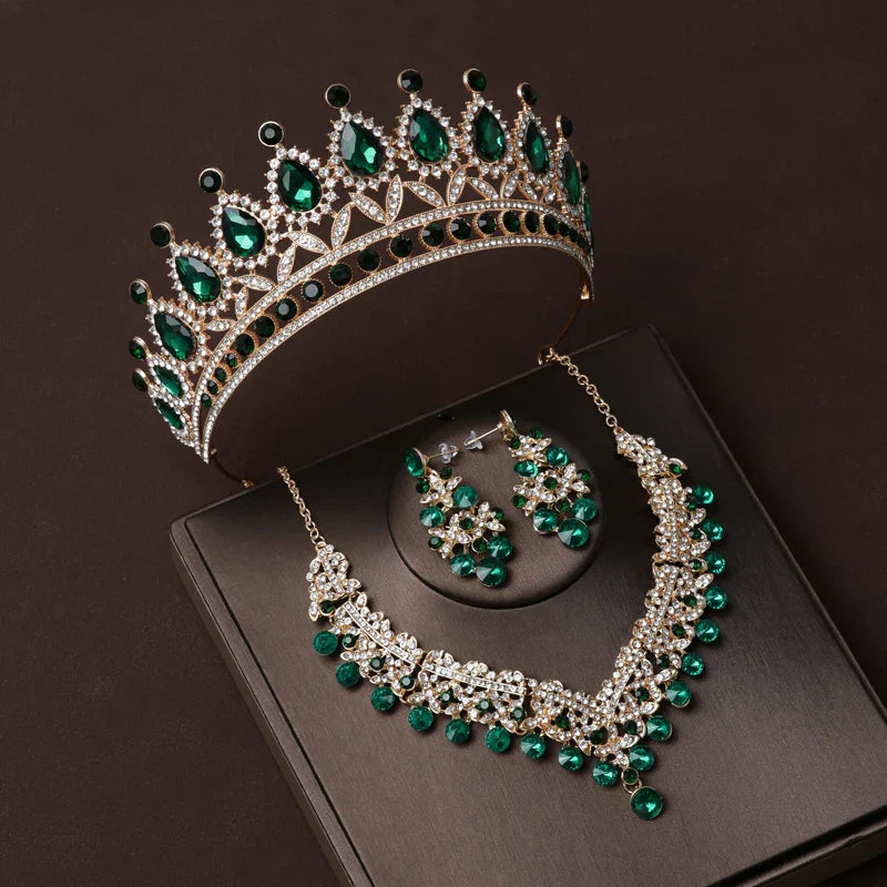 Luxury Silver Color Crystal Water Drop Bridal Jewelry Sets Rhinestone Tiaras Crown Necklace Earrings Wedding Dubai Jewelry Set TS-0015-A-XL-0003-F Tiaras