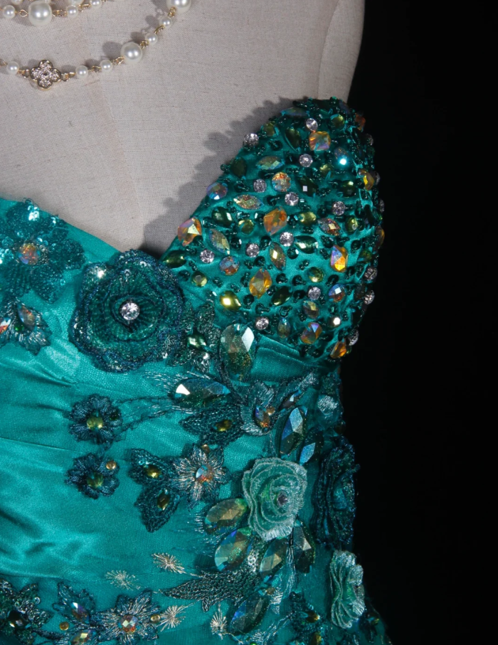 Fashion Strapless Green Satin Beaded Birthday Prom Dress Embroidery Floral Mermaid Long Evening Dress