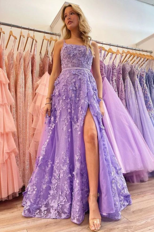 Spaghetti Straps Tulle Lace Appliques Evening Dress Lavender A Line Prom Party Dress