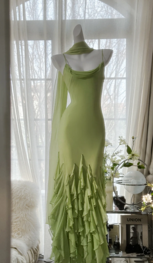 Beautiful Green Spaghetti Straps Chiffon Ruffles Mermaid Long Party Dress Birthday Prom Dresses