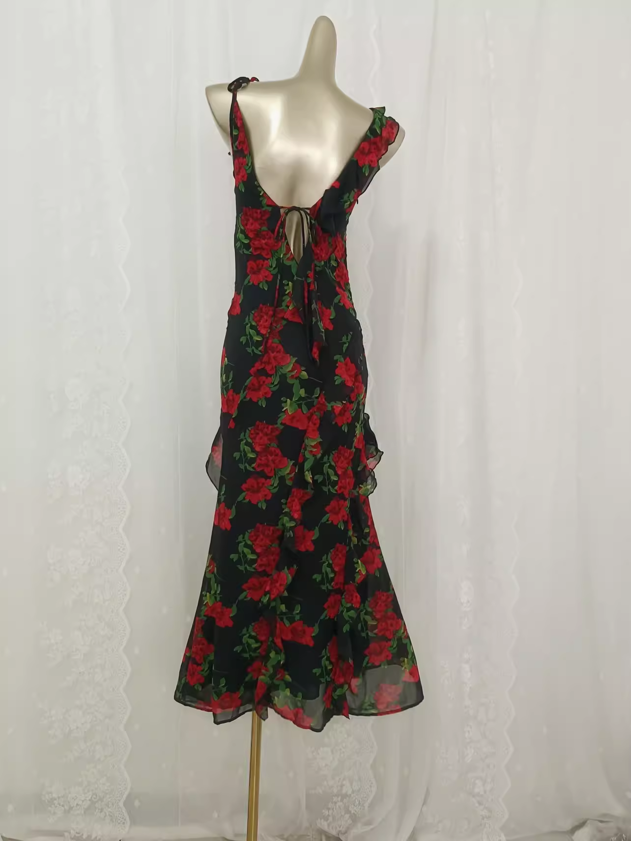 Vintage A line Spaghetti Straps Red Rose Travel Vacation Floral Beach Dress Birthday Outfits