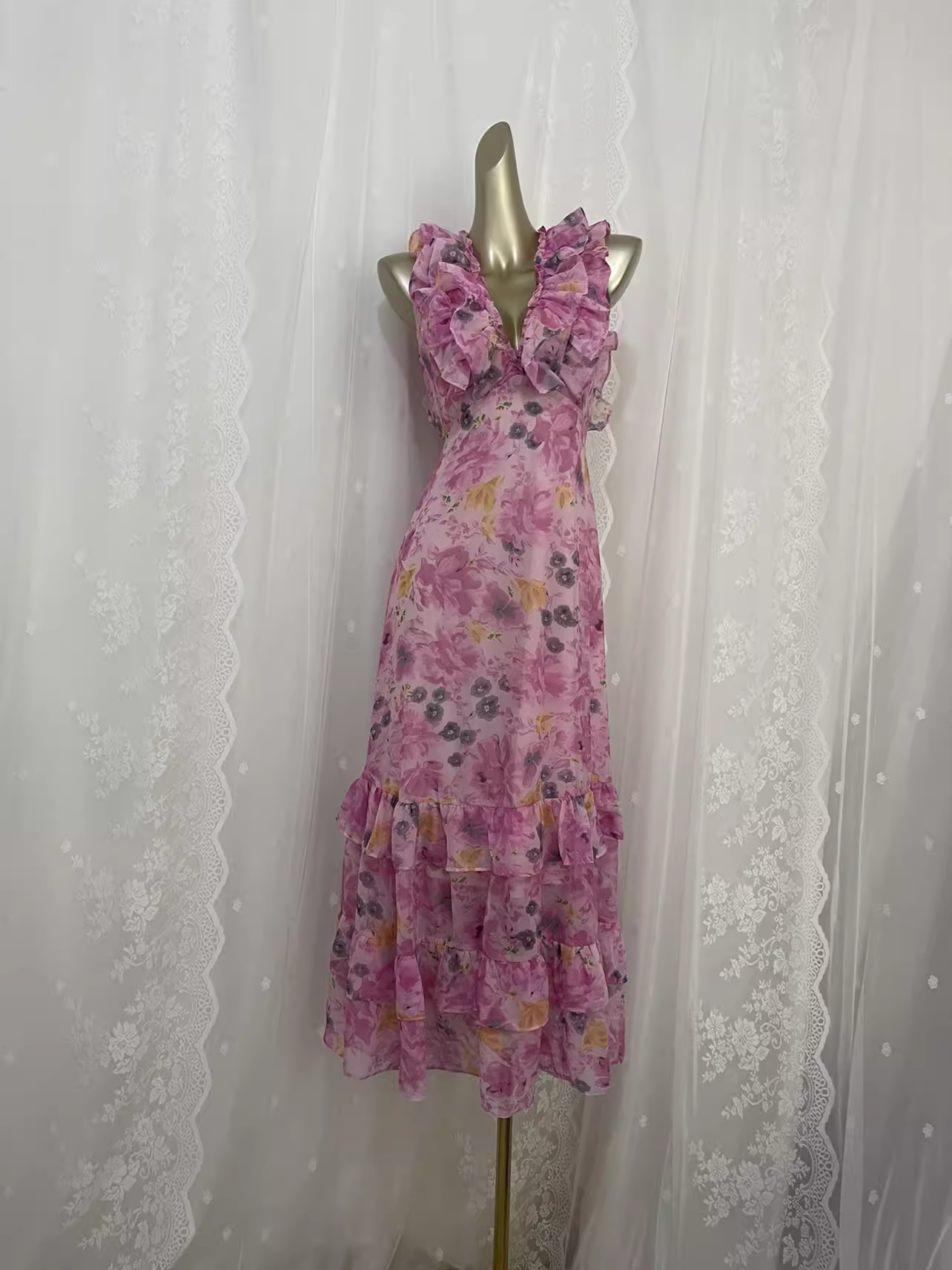 Vintage A line V neckline Pink Rose Travel Vacation Floral Beach Dress Birthday Outfits