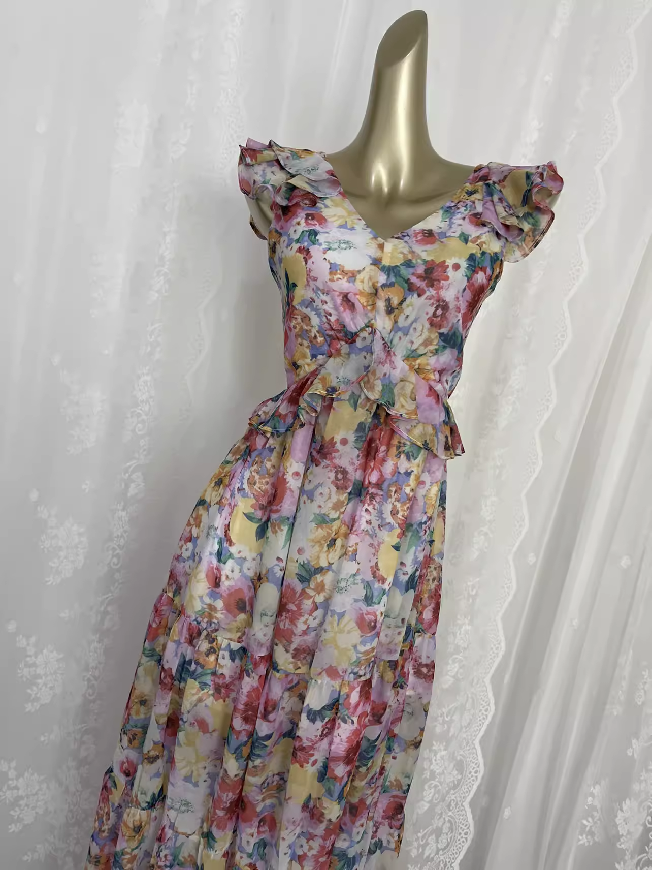 Vintage A line V Neckline Floral Chiffon Travel Vacation Beach Dress Short Dress