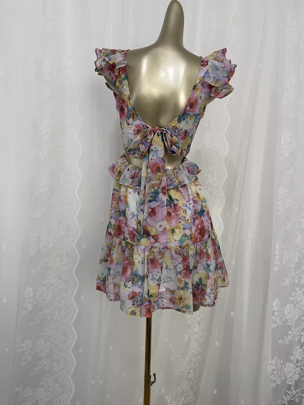 Vintage A line V Neckline Floral Chiffon Travel Vacation Beach Dress Short Dress
