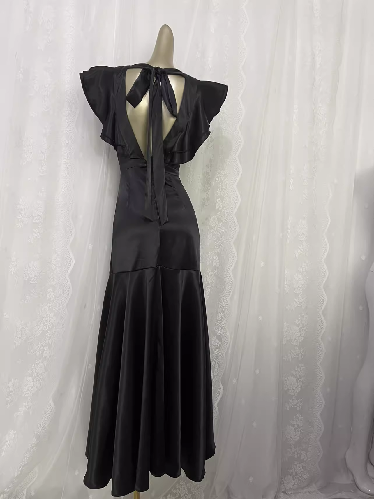 Vintage Sheath Backless Travel Vacation Black Satin Beach Dress Long Dress