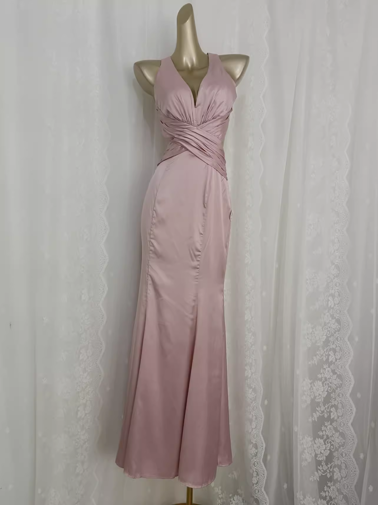 Vintage Sheath V Neckline Satin Pink Vacation Dress Birthday Dresses