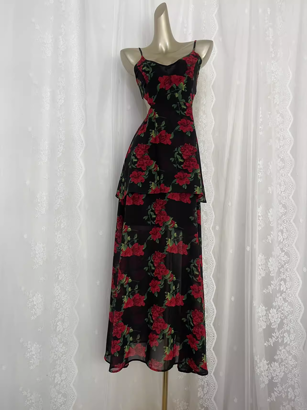 Vintage A line Spaghetti Straps Red Rose Travel Vacation Floral Beach Dress Long Dress