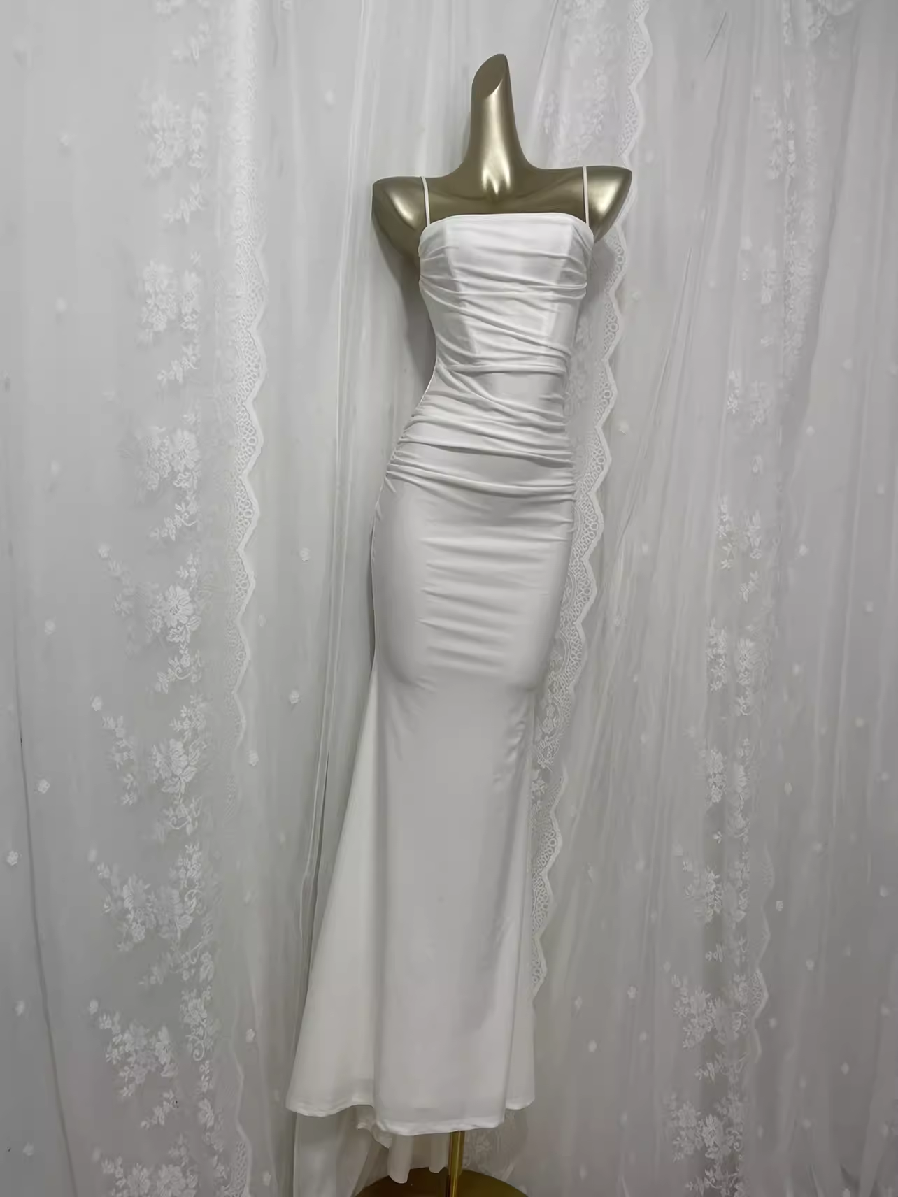 Cute Sheath Spaghetti Straps Satin White Long Vacation Dress Birthday Dresses