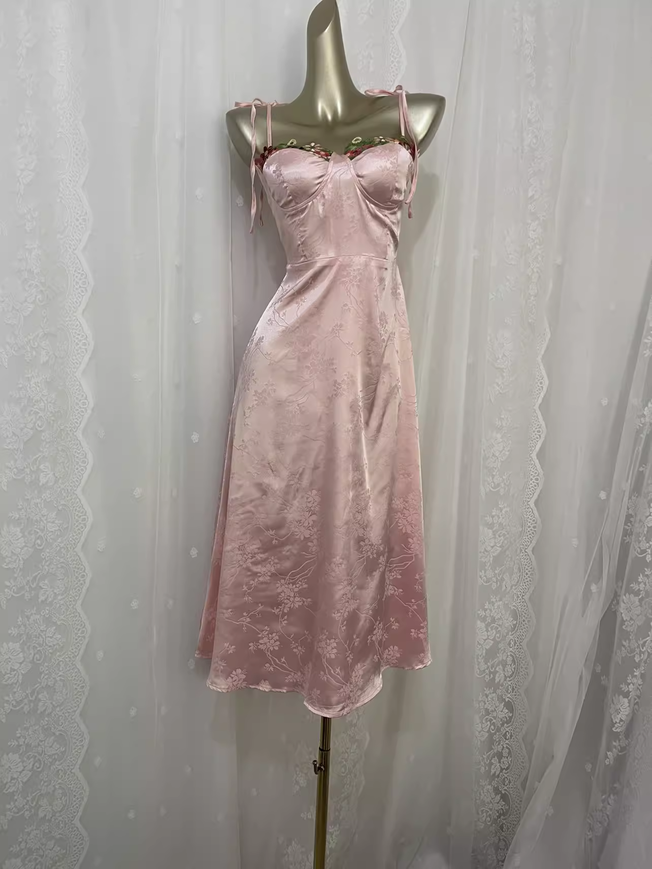 Sexy A line Spagetti Straps Pink Satin Floral Vacation Dress Birthday Dresses