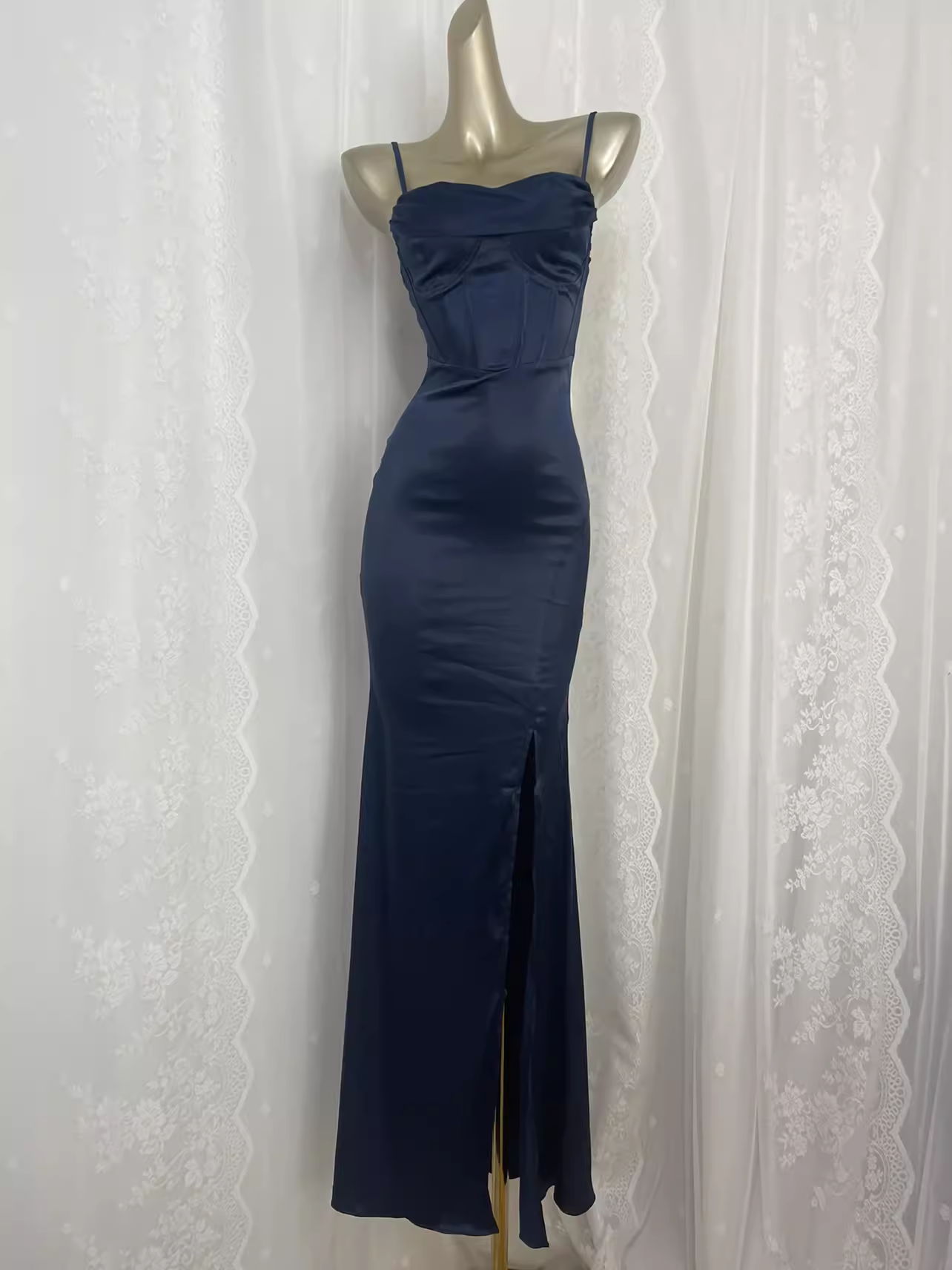 Sexy Sheath Spaghetti Straps Navy Blue Long Vacation Dress Birthday Dresses