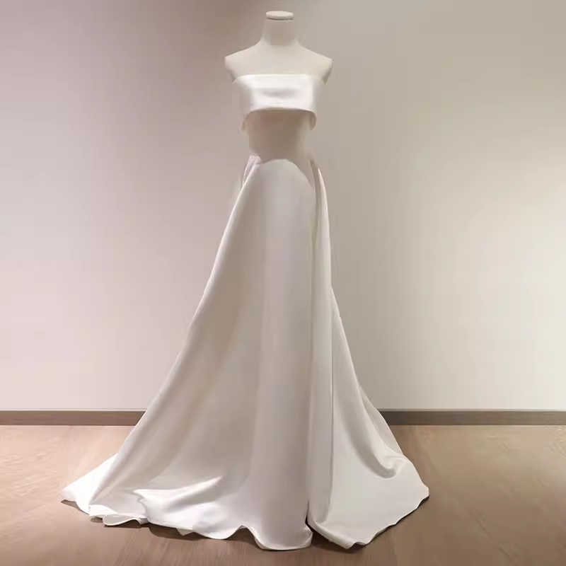 Simple A Line Strapless Satin Ivory Wedding Dresses