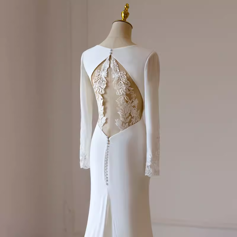 Simple Mermaid V Neckline Satin Ivory Long Sleeves Wedding Dresses