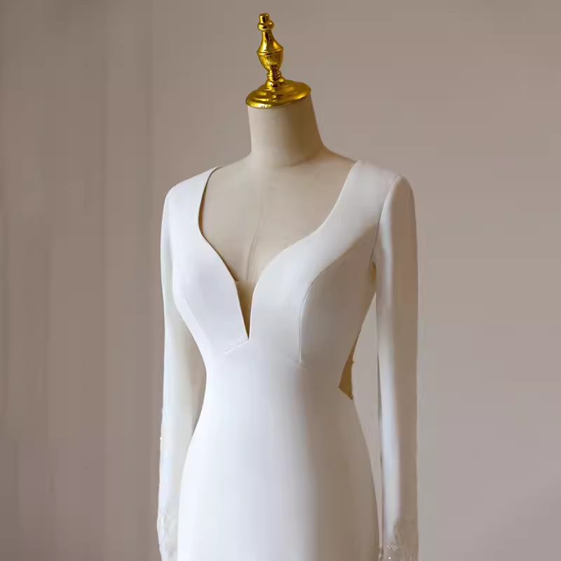 Simple Mermaid V Neckline Satin Ivory Long Sleeves Wedding Dresses