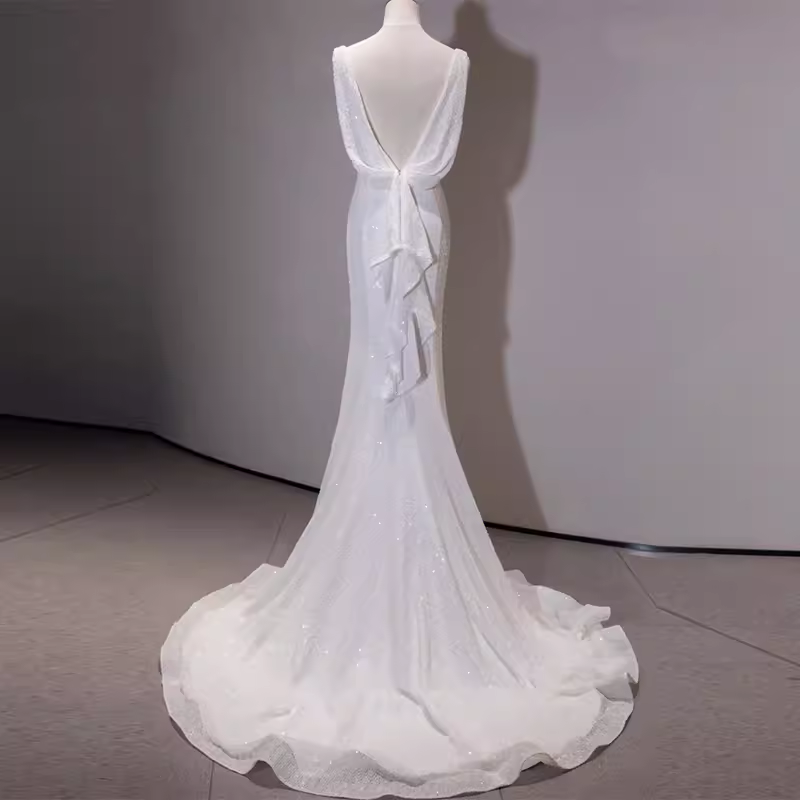 Simple Mermaid Spaghetti Straps Sequin White Long Wedding Dresses