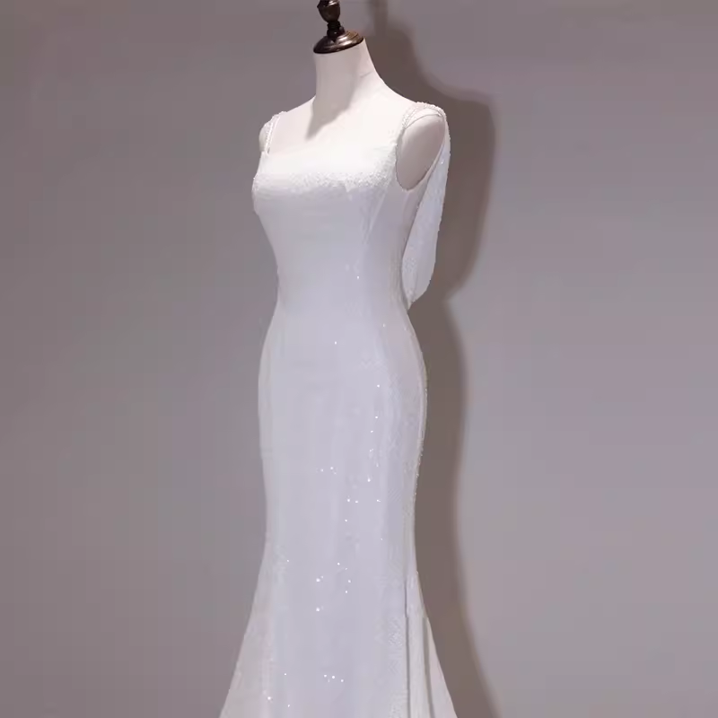 Simple Mermaid Spaghetti Straps Sequin White Long Wedding Dresses