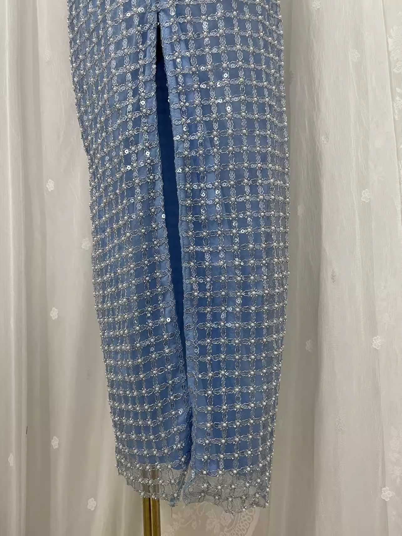 Simple Sheath Straplesss Blue Sequin Slit Vacation Dress Long Birthday Outfits