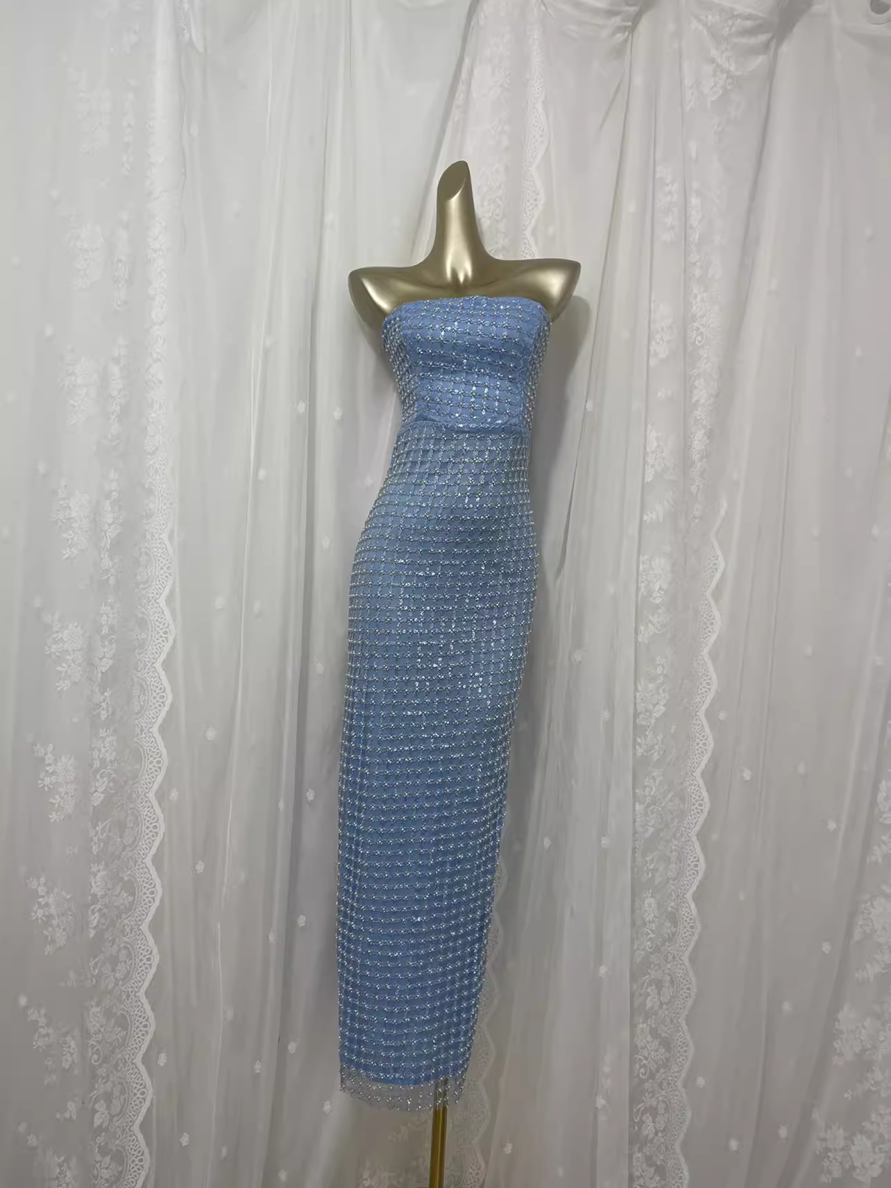 Simple Sheath Straplesss Blue Sequin Slit Vacation Dress Long Birthday Outfits