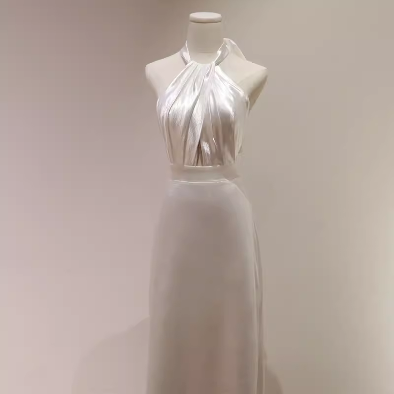 Simple Sheath Satin White Long Wedding Dresses Backless Brides Dress