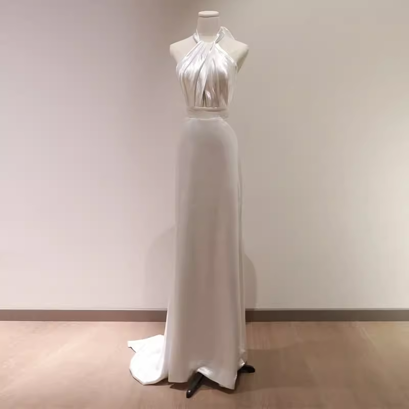 Simple Sheath Satin White Long Wedding Dresses Backless Brides Dress