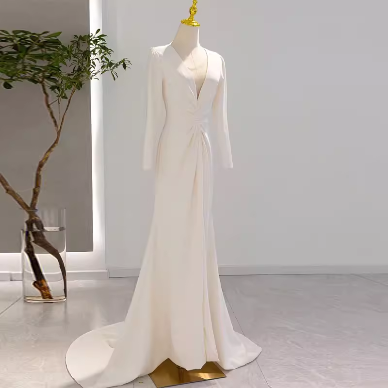 Sexy Mermaid Long Sleeves V Neckline Satin White Long Wedding Dresses Brides Dress